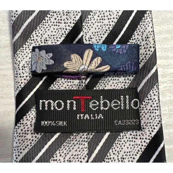 Montbello Italia Tie Striped Black & Silver 100% Silk REPP Neck Tie 60" Italy - Picture 3 of 7